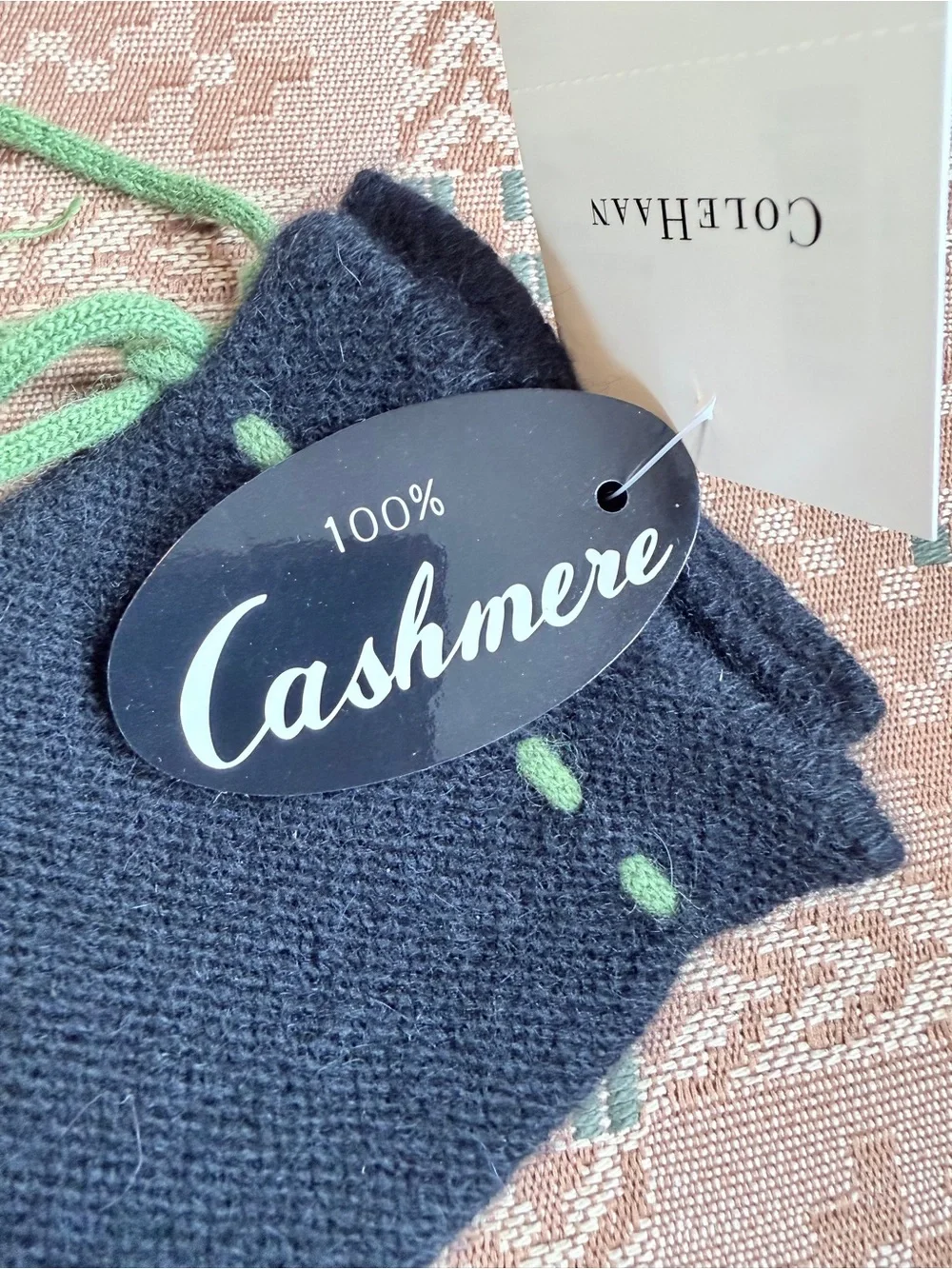 Cole Haan 100% Cashmere Fringe Gloves Black w/ Green Tassels NWT